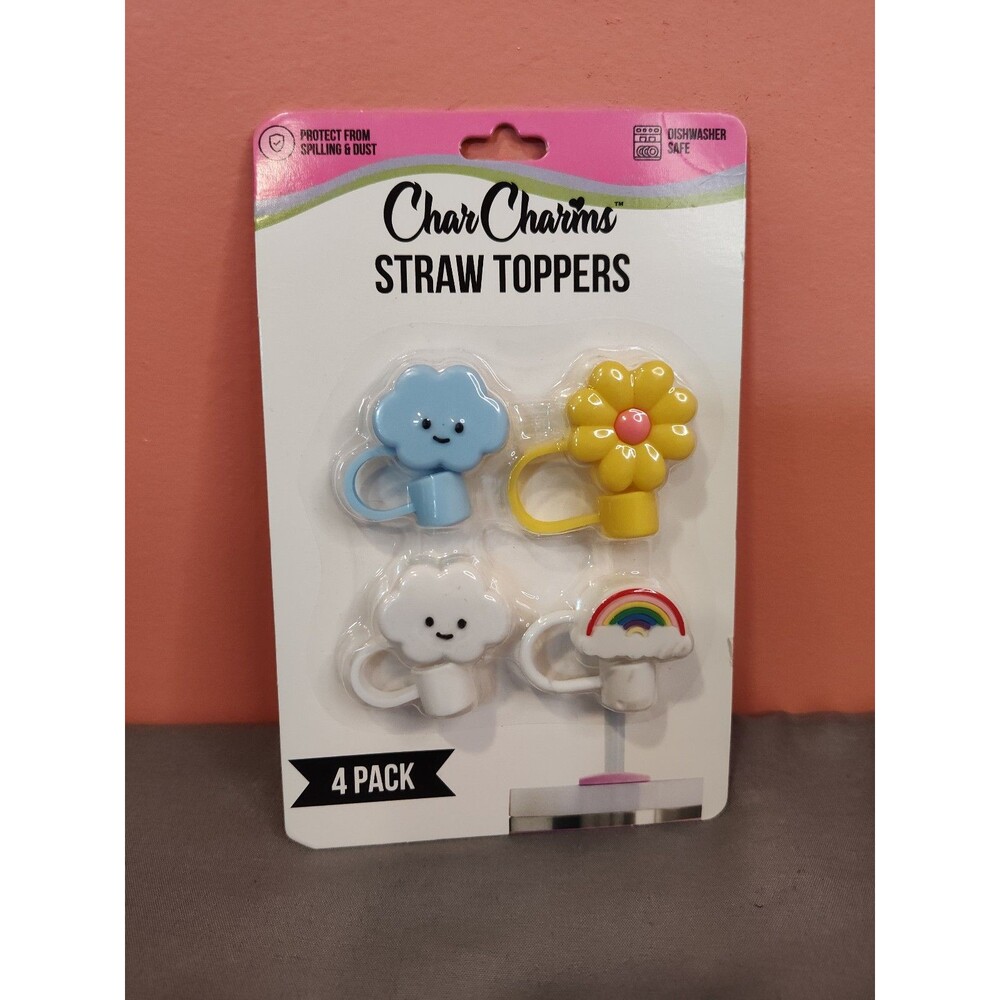 CharCharms Straw Toppers 4 Pack Clouds Rainbow Flower